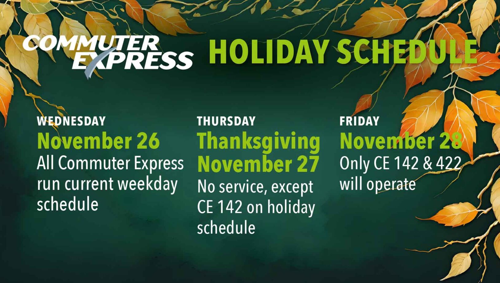 Commuter Express Holiday Schedule banner