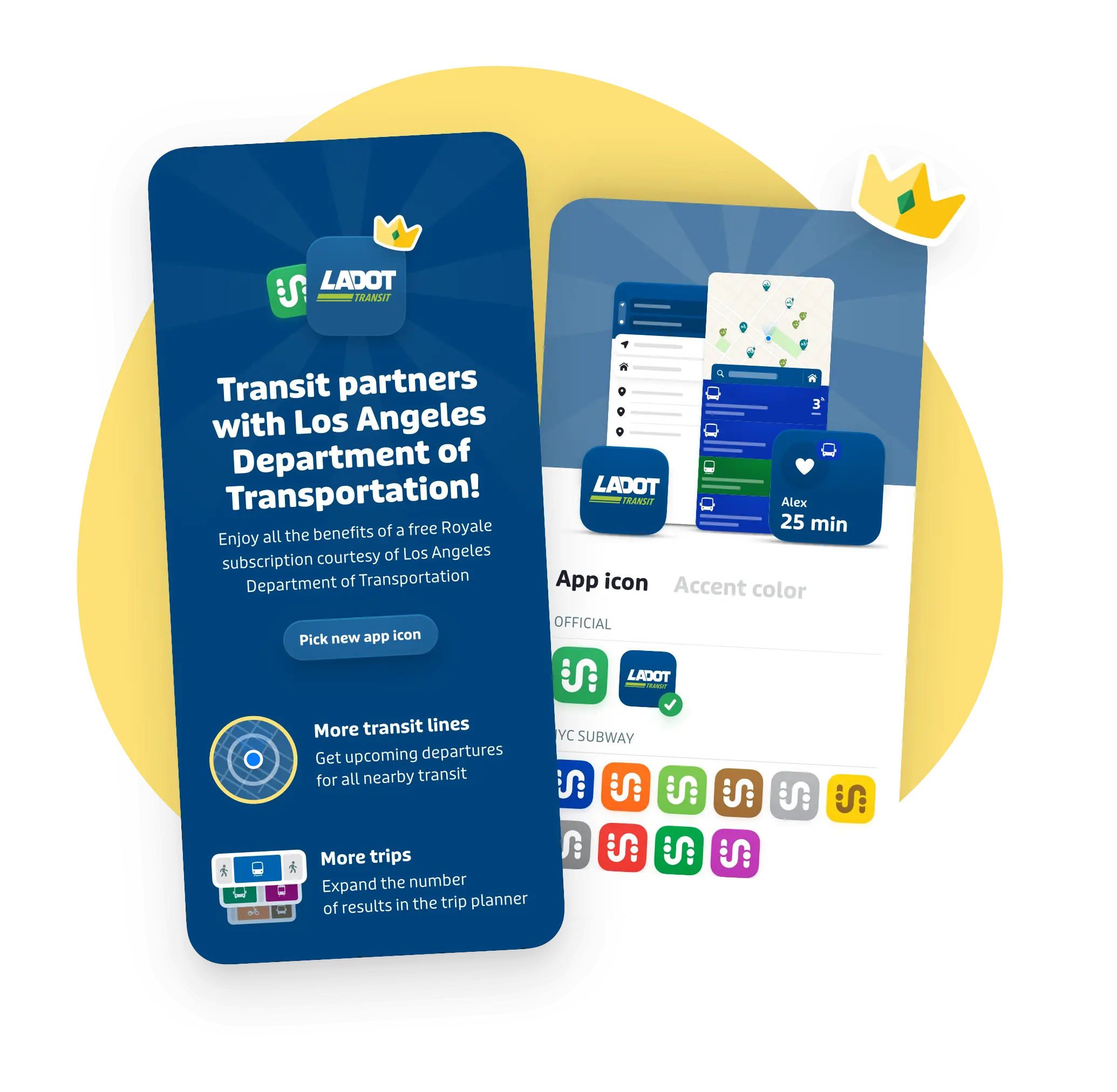 Graphics showing the app customizations and benefits available with the Transit App Royale upgrade provided to LADOT riders