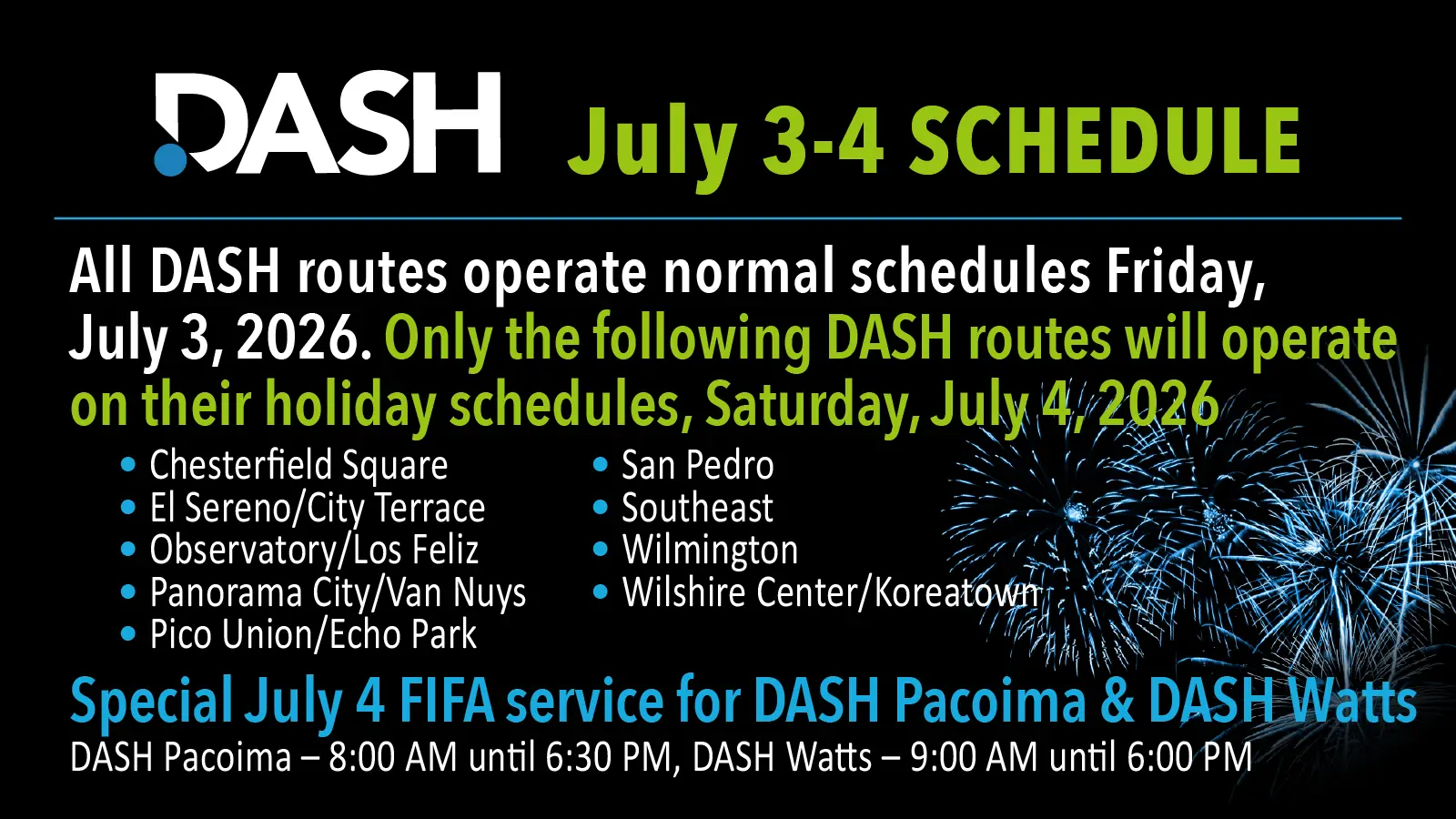 Graphic showing holiday dash route schedule for Saturday July 4th